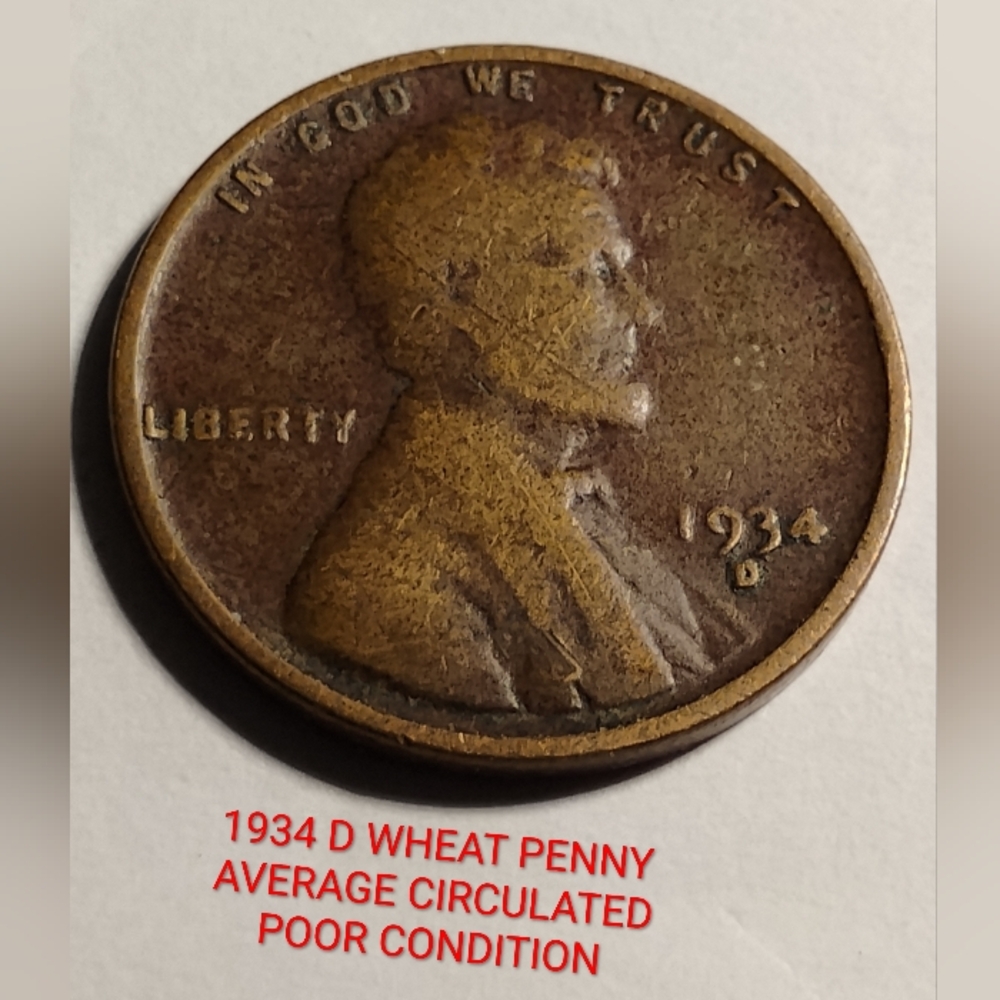 ✅❤️1934 D Wheat Penny Average Circulated POOR CONDITION
